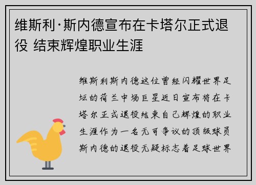 维斯利·斯内德宣布在卡塔尔正式退役 结束辉煌职业生涯 维斯利·斯内德宣布在卡塔尔正式退役 结束辉煌职业生涯